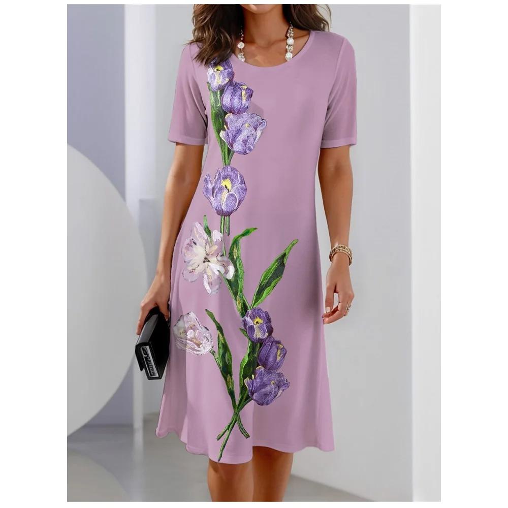 Women Summer O Neck Short Sleeve 3D Print Midi Dress S