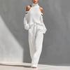 Off-Shoulder High Neck Knit Sweater and Wide Leg Pants Set In Beige