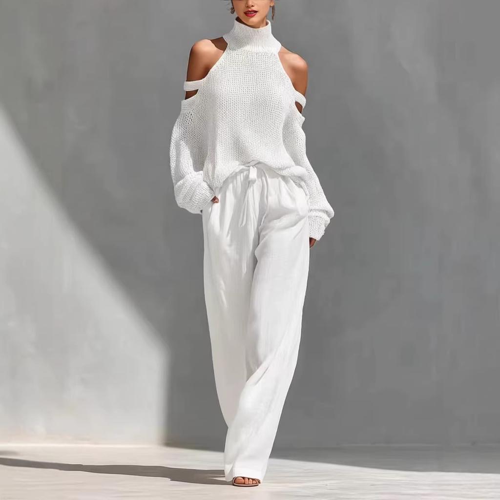 Off-Shoulder High Neck Knit Sweater and Wide Leg Pants Set In Beige