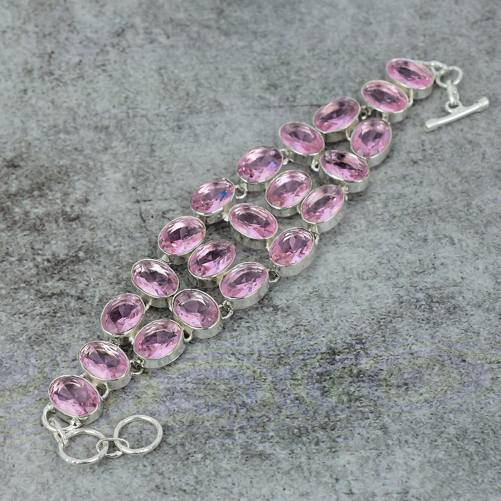 Pink Kunzite Gemstone Handmade 925 Sterling Silver Bracelet 7-8" M-297