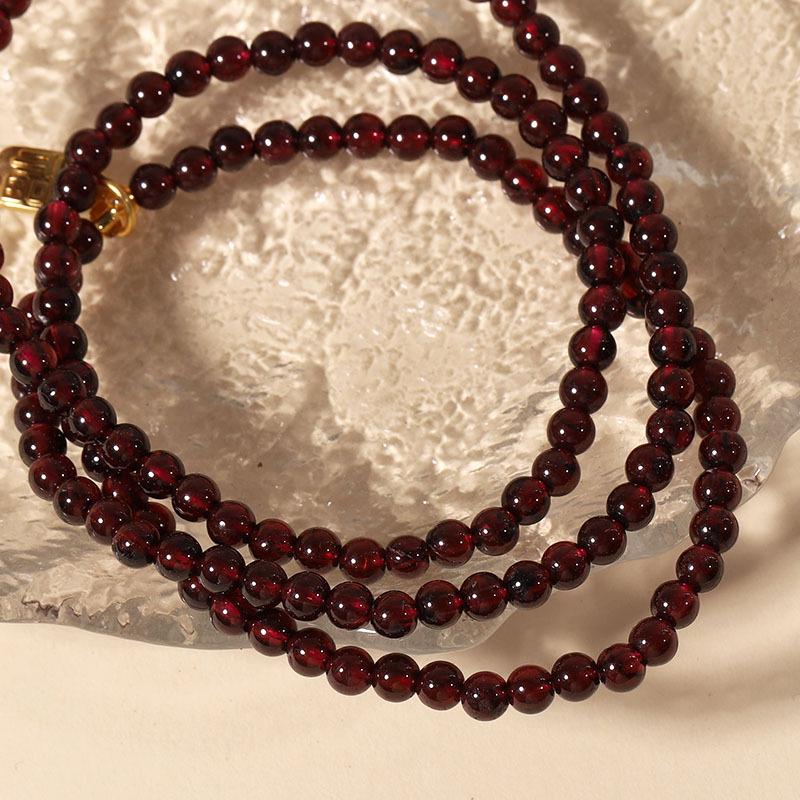 Exquisite Women's Garnet & Hetian Jade Three-Circle Lucky Bead Bracelet