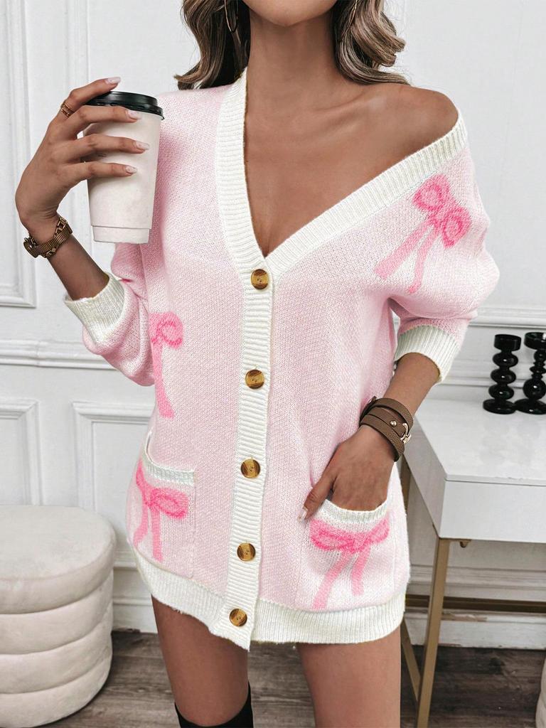 European-American Bow V-Neck Sweater: Women's Autumn/Winter Fashionable Loose Coat