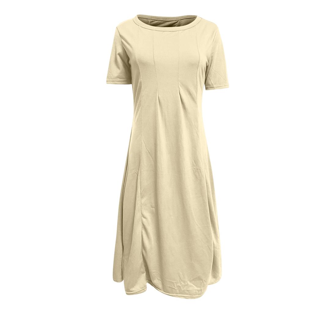 Women Casual Round Neck Short Sleeve Solid Color Midi Dress Loose Fit Flared Hem Comfortable Everyday Wear Simple Design