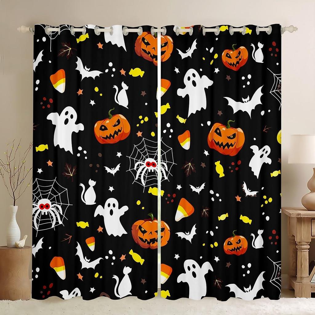Happy Halloween Curtain Pumpkin Curtains Trick Treat Gothic Night Drapes Horror Cartoon Window Room Darkening Made Of Polyester