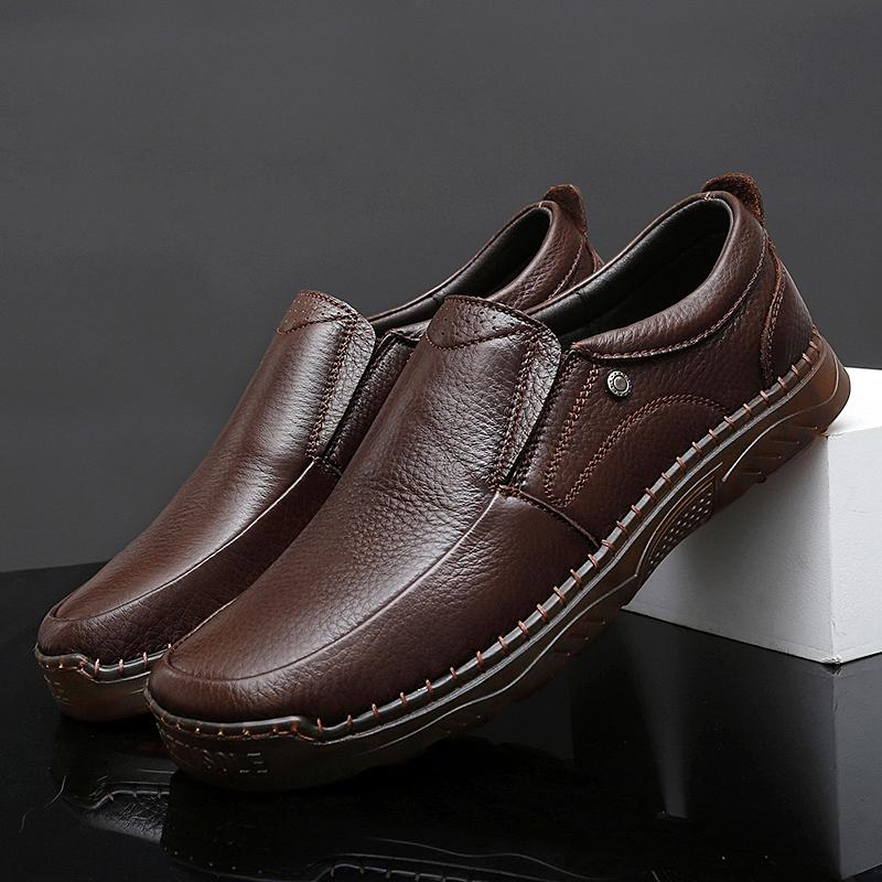 Fashion Genuine Leather Cow Work Mens Shoes Handmade Soft Cow Leather Casual Men Loafers Fashion Thick Sole Male Footwear Black Brown