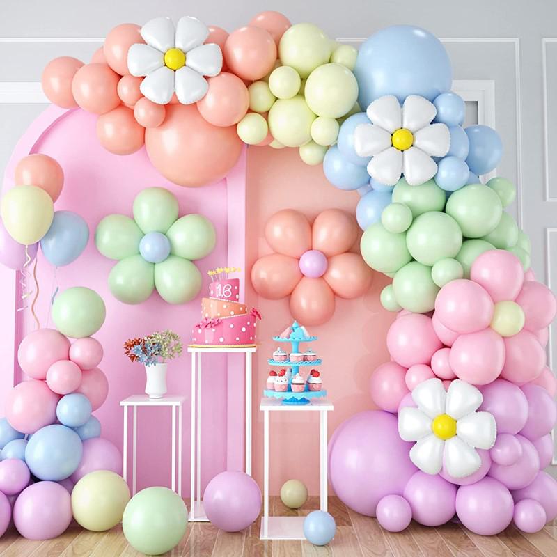Colorful Macaron Daisy Wedding Dessert Table Decoration Set with Balloon and Flower Garland