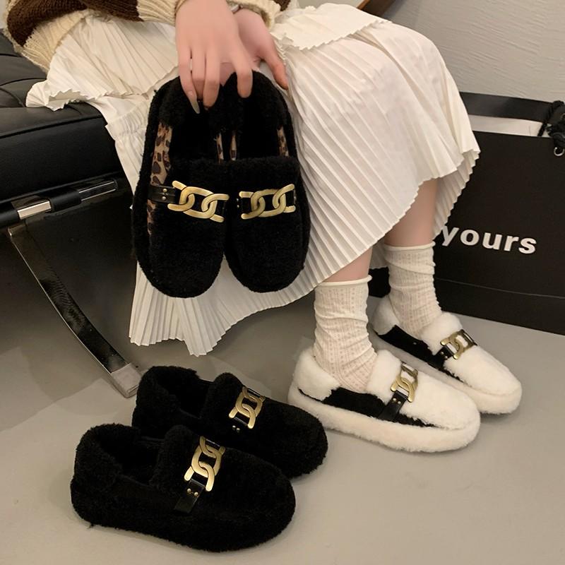 Fashion Women's Leopard Print Autumn Casual Shoes Round Toe Thick Sole Slip-on Loafers Fur Autumn New Outdoor Walking Shoes Slip-on 2024