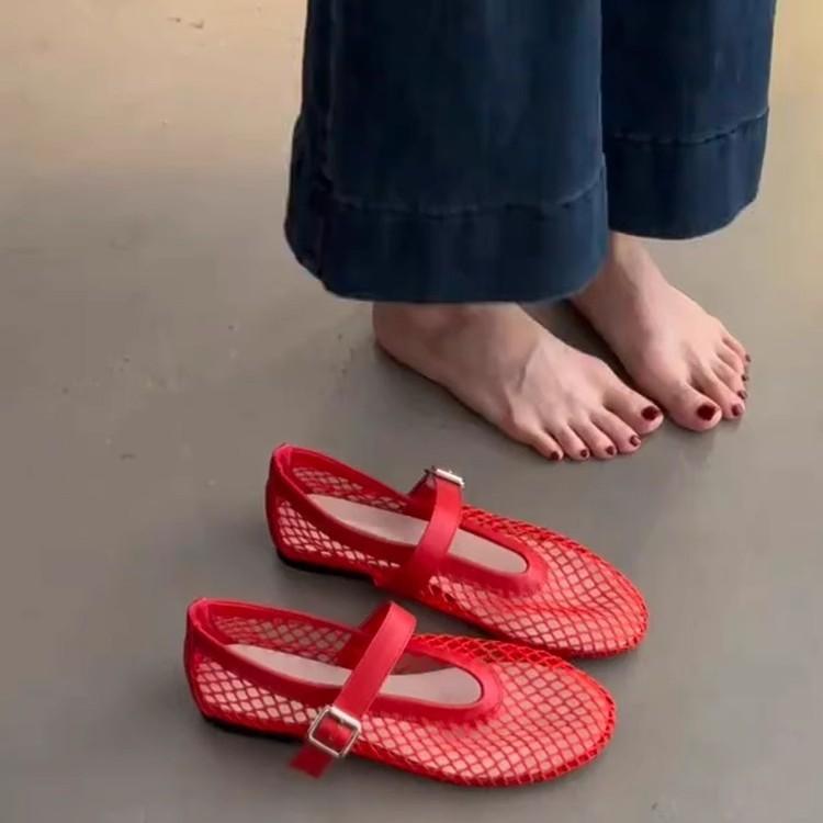 Sheepskin Version~ Korean Version of Niche Mesh Yarn Hollow Shallow Mouth Single Shoes Women's Summer One-word Belt Outside Wear Breathable Flat Sand