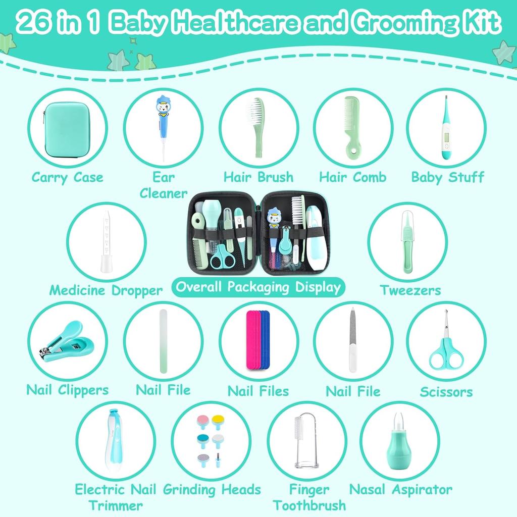 Baby Grooming Kit for Boys Girls Safety Newborn Nursery Essentials Grooming Set Gift for First-time Parents, Green 26 in 1