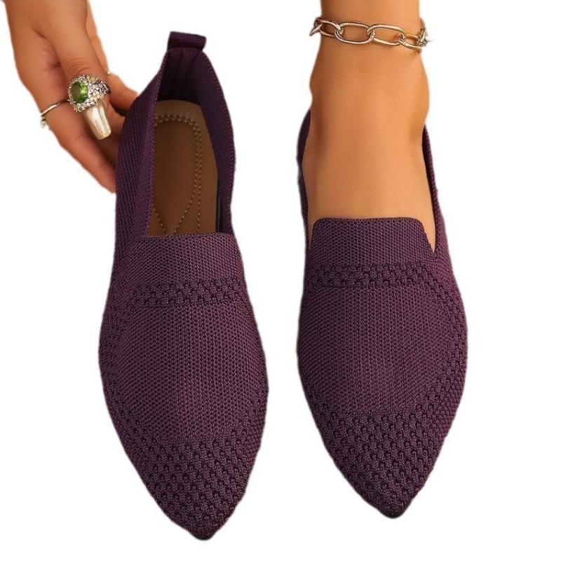 Plus Size 36-43 Shoes for Women Pointed Toe Flat Solid Color Knitted Slip On Casual Breathable Shoes Loafers Zapatos De Mujer