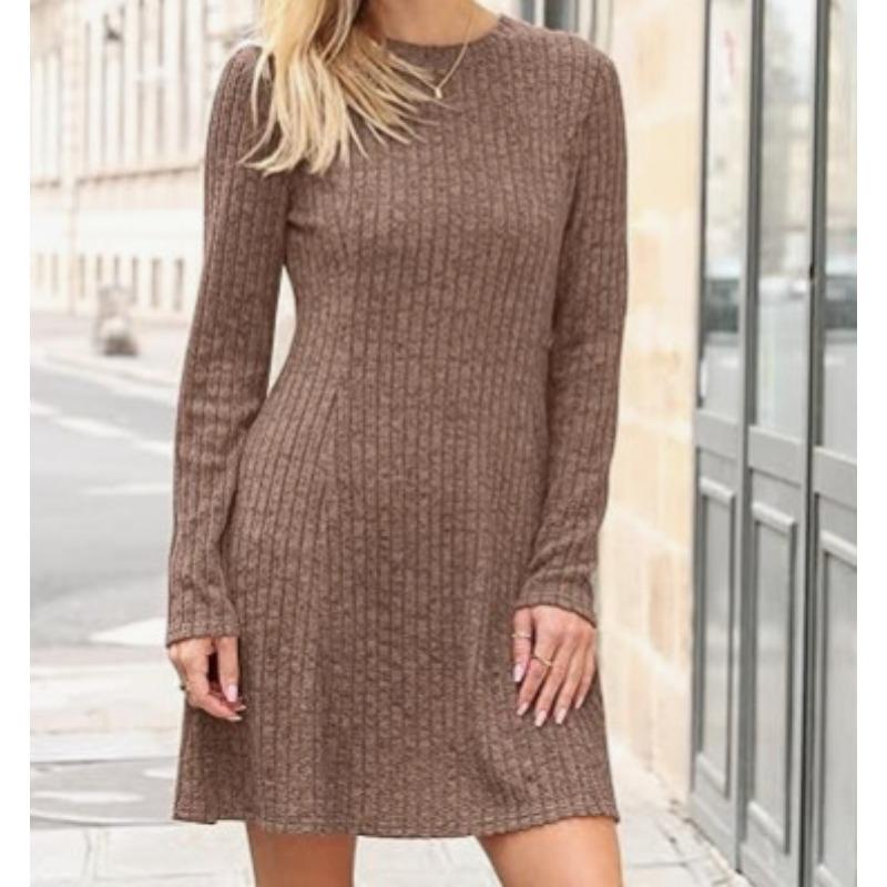 JKASHDK Women's Fashion Spring Fall Solid Color Print Long Sleeve O-Neck High Waist  Casual Dresses