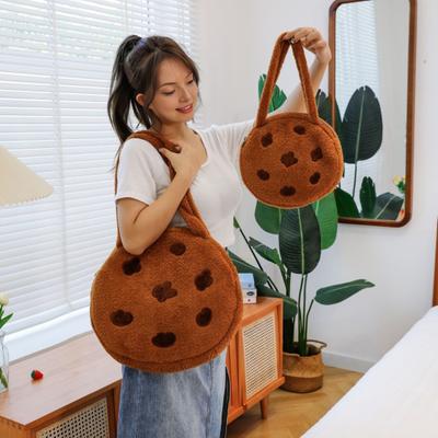 Chocolate Cookie Tote Fluffy Brown Cookie Shoulder Bag Zippered Round Plush Handbag for Women Work Travel Street Date