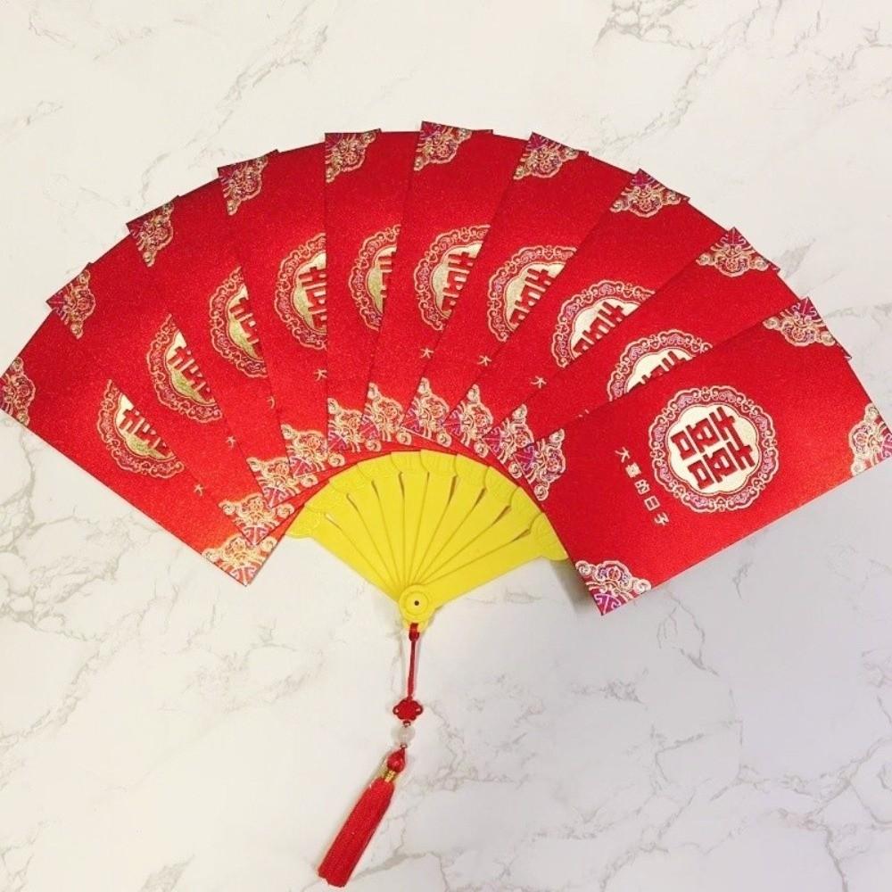 Traditional Fan Design Red Envelope with Chinese Knot Tassel Wedding Money Bag Bonus Paper Hongbao Lucky Money Packet Birthday