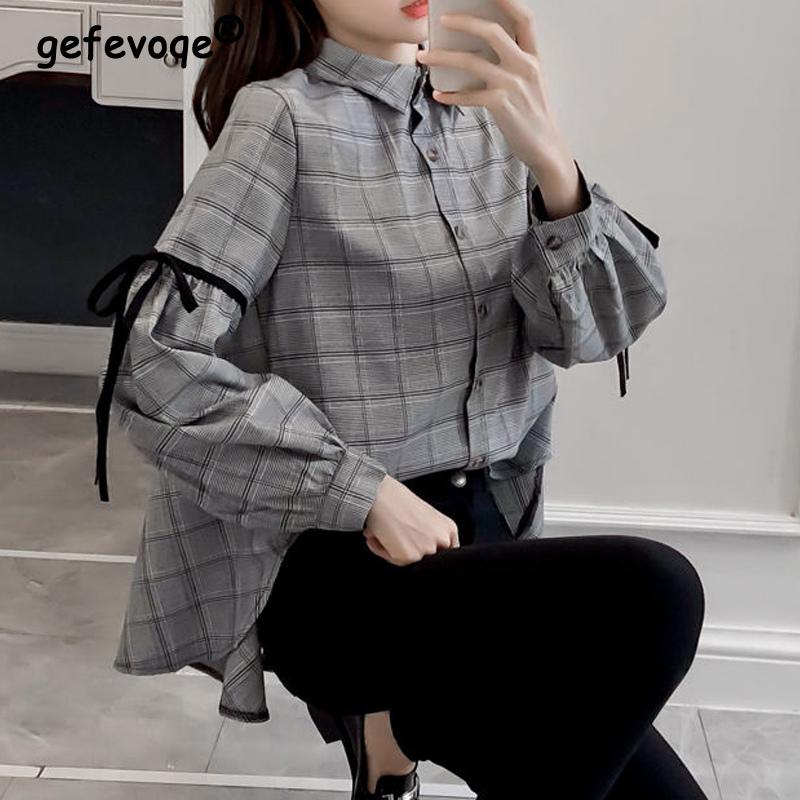 

Women Vintage Plaid Print Bow Chic Harajuku Fashion Korean Blouse Autumn Casual Long Sleeve Loose Street Shirts Clothing Blusas S сірий колір