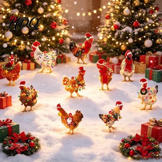 Funny Chicken Exchange Gifts for Friends Mini Christmas Ornament Cute Rooster with Santa Hat Wooden Xmas Tree Rustic Hanging Decor Decoration,