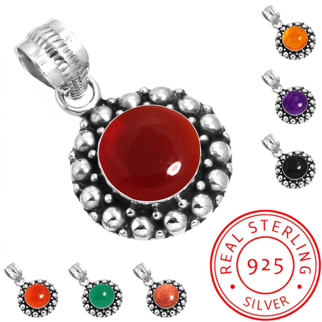925 Sterling Silver Pendant Women Gemstone Handmade Jewelry Birthday Gift Amber Amethyst Black Onyx Carnelian Garnet Quartz Green Onyx Gold Stone