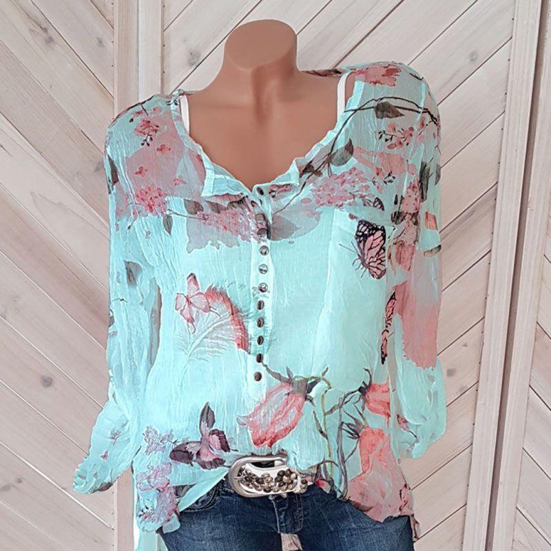 Premium Quality Chiffon Women Casual Floral Printed Buttons T-shirt Irregular Tops Blouse