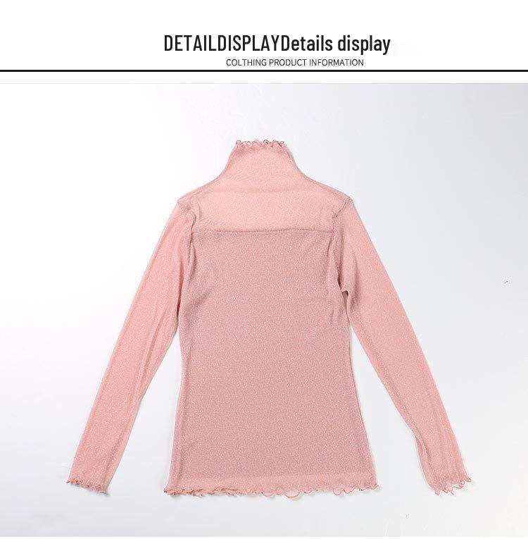 2024 Damen High-Neck Patchwork Mesh Top mit Gold- & Silberfäden - Vielseitige Langarm See-Through Basisschicht