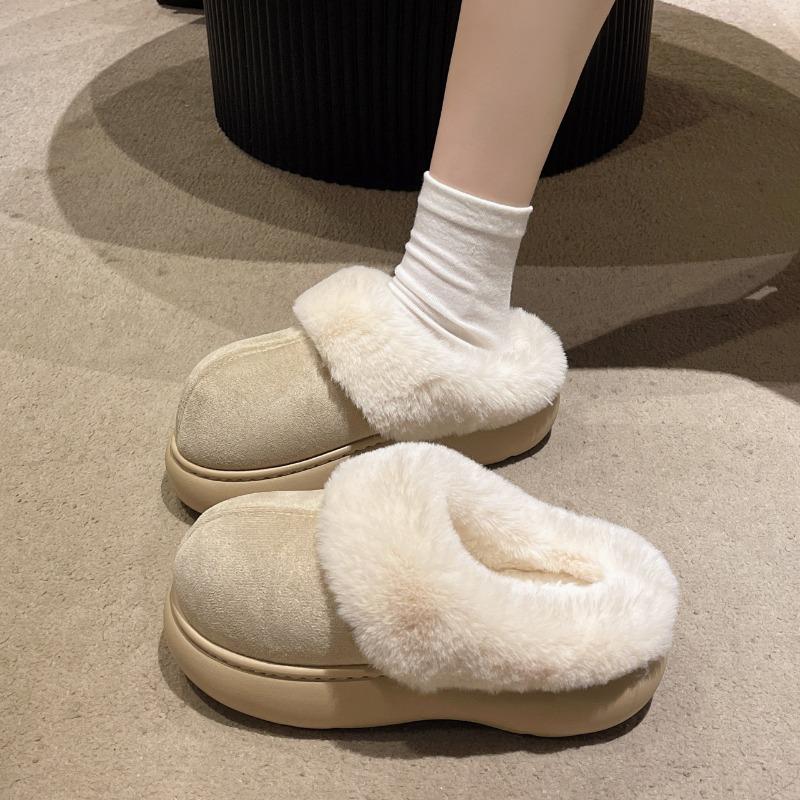 Simple Solid Color Bag Head Fluffy Slippers Women's Autumn and Winter New Outer Wear Thick Bottom Heightening Warm Home Cotton Slippers