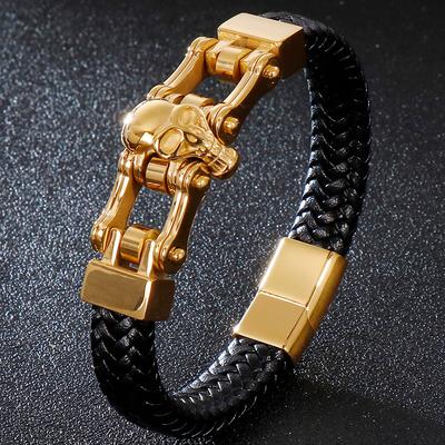 Gold Plated Stainless Steel Skull Head Men's Leather Bracelets Bangles Man 12MM Cowhide Rope Chain Wrap Bracelet