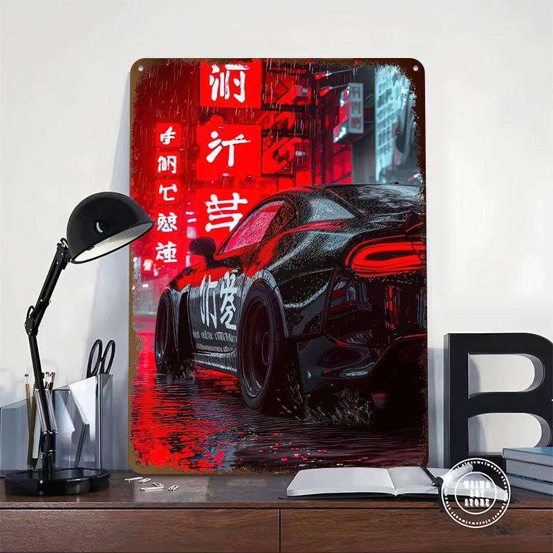 Black Sports Car In Neon Rain Printed Poster Customized Wall Art Retro Vintage Metal Tin Signs for Room Decoration Bedroom House