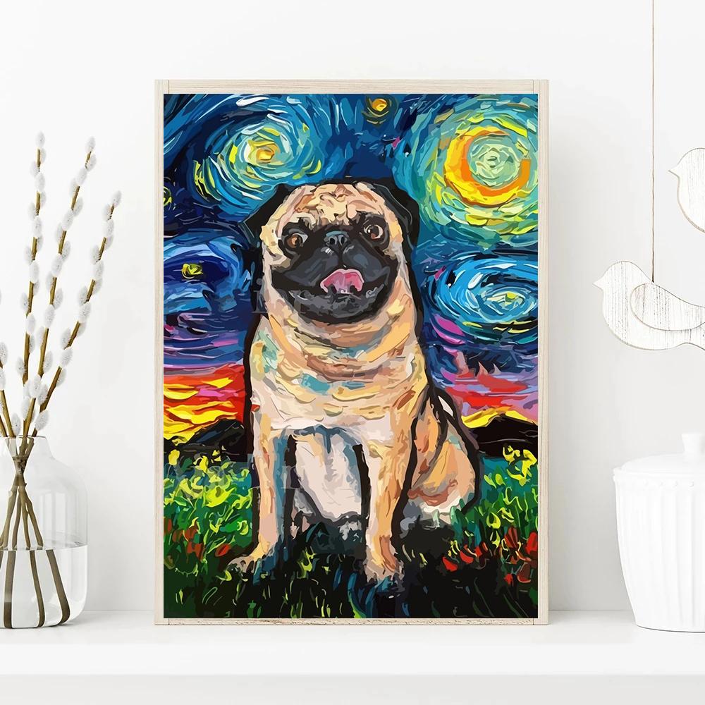 Funny Dogs Starry Night Van Gogh Canvas Painting Abstract Print Dog German Shepherd Bulldog Posters Wall Art Picture Home Decor
