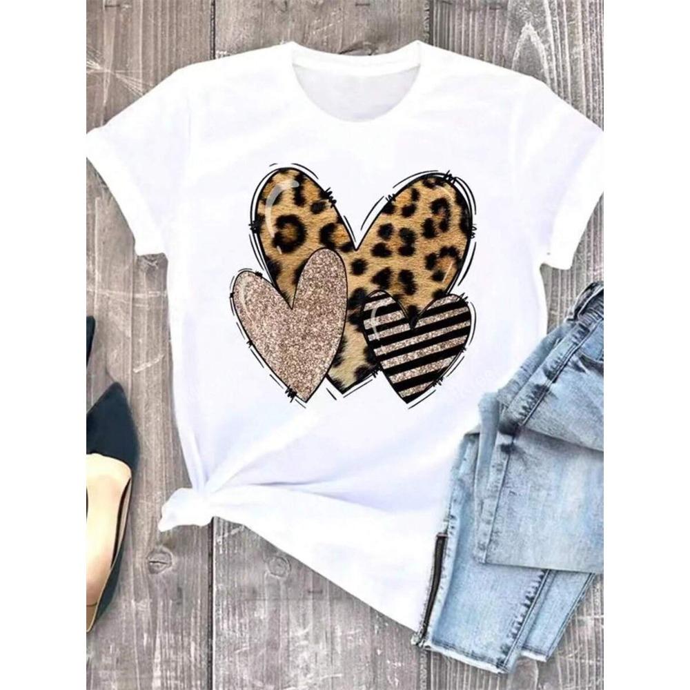 Urban Fashion Women's Leopard-print Short-sleeved Top Summer Daily Casual Women's Crew-neck T-shirt Outdoor Street Elegant Top