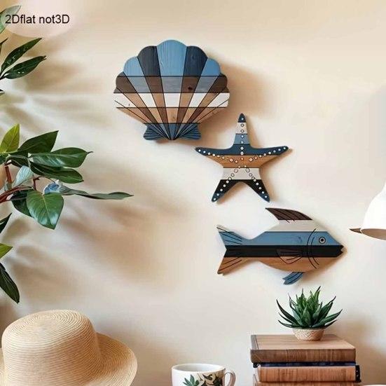 3 Pcs Wood Fish Shell Starfish Beach Wall Decor Rustic Nautical Lake House Hanging Sculpture Ocean Coastal Theme Wall Art for Bathroom Bedroom