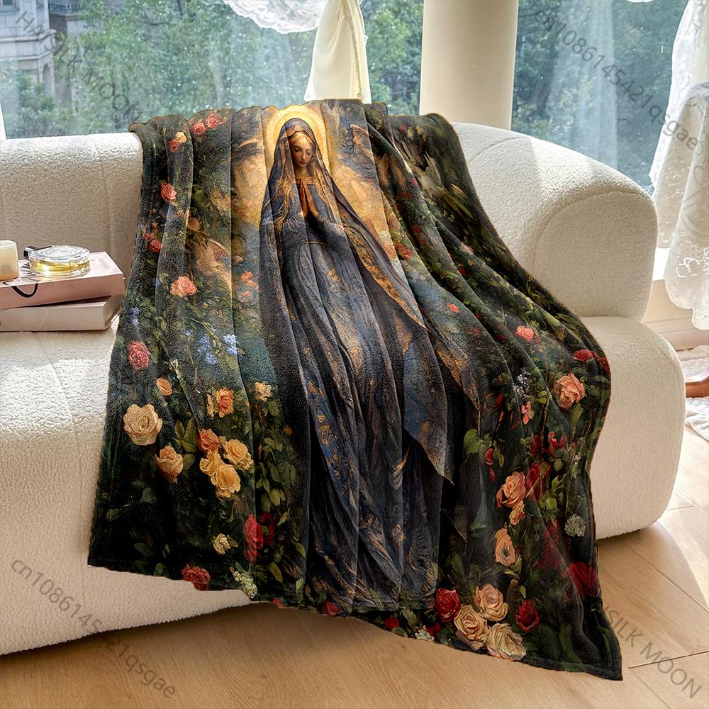 1PC Virgin praying surrounded by roses Print Blanket Warm Soft Fluffy Kids and Adult Sofa Bed Throw Blanket Travel Camping RV