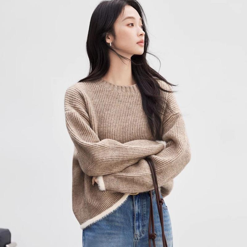 

Осень и зима новый милый стиль имитация норки пуловер с круглым вырезом свитер женский повседневный свободный контрастный цвет вязаный свитер топ average size верблюд