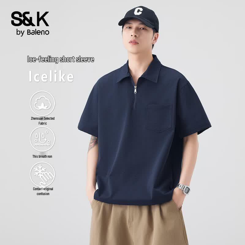 Baleno Men s S&K Series Ice Silk Half-Zip Short Sleeve Lapel Shirt 3XL