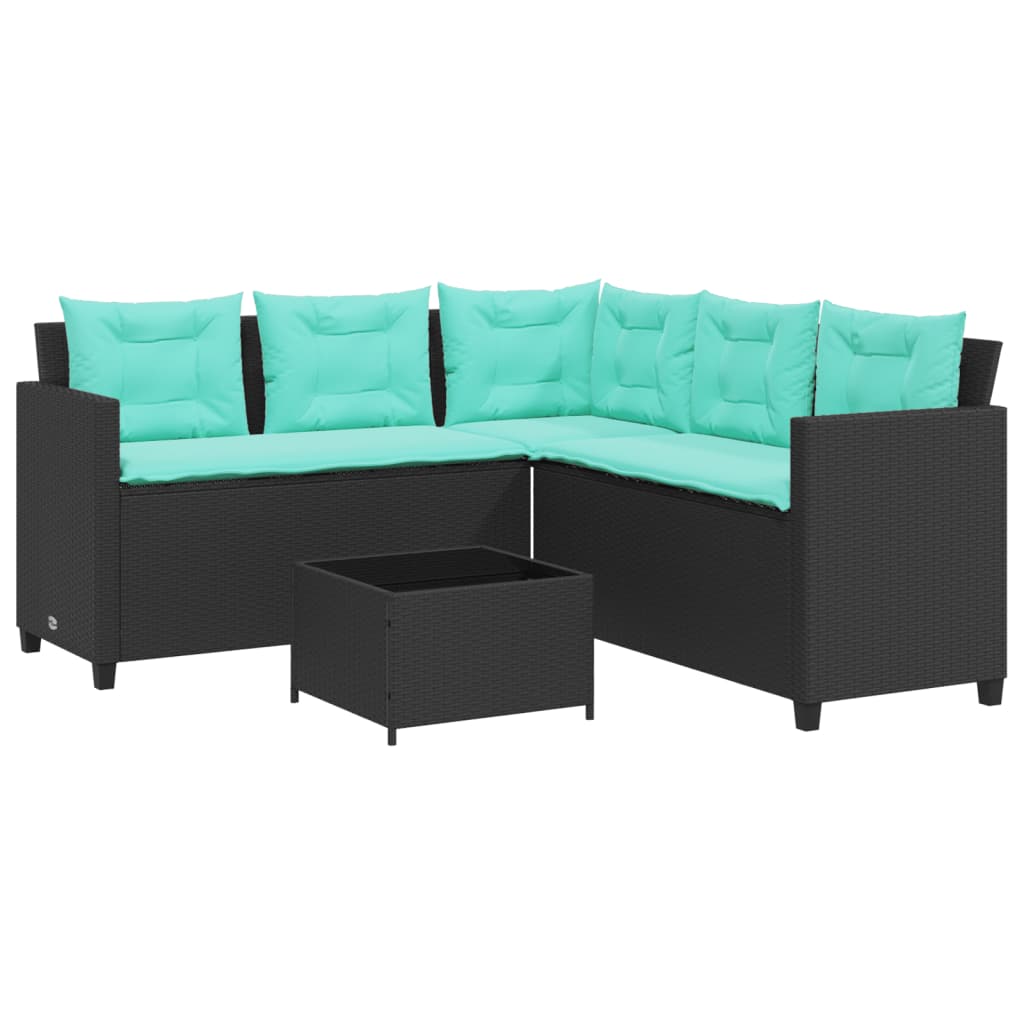 L Shaped Garden Sofa Set with Table and Cushions Black Poly Rattan