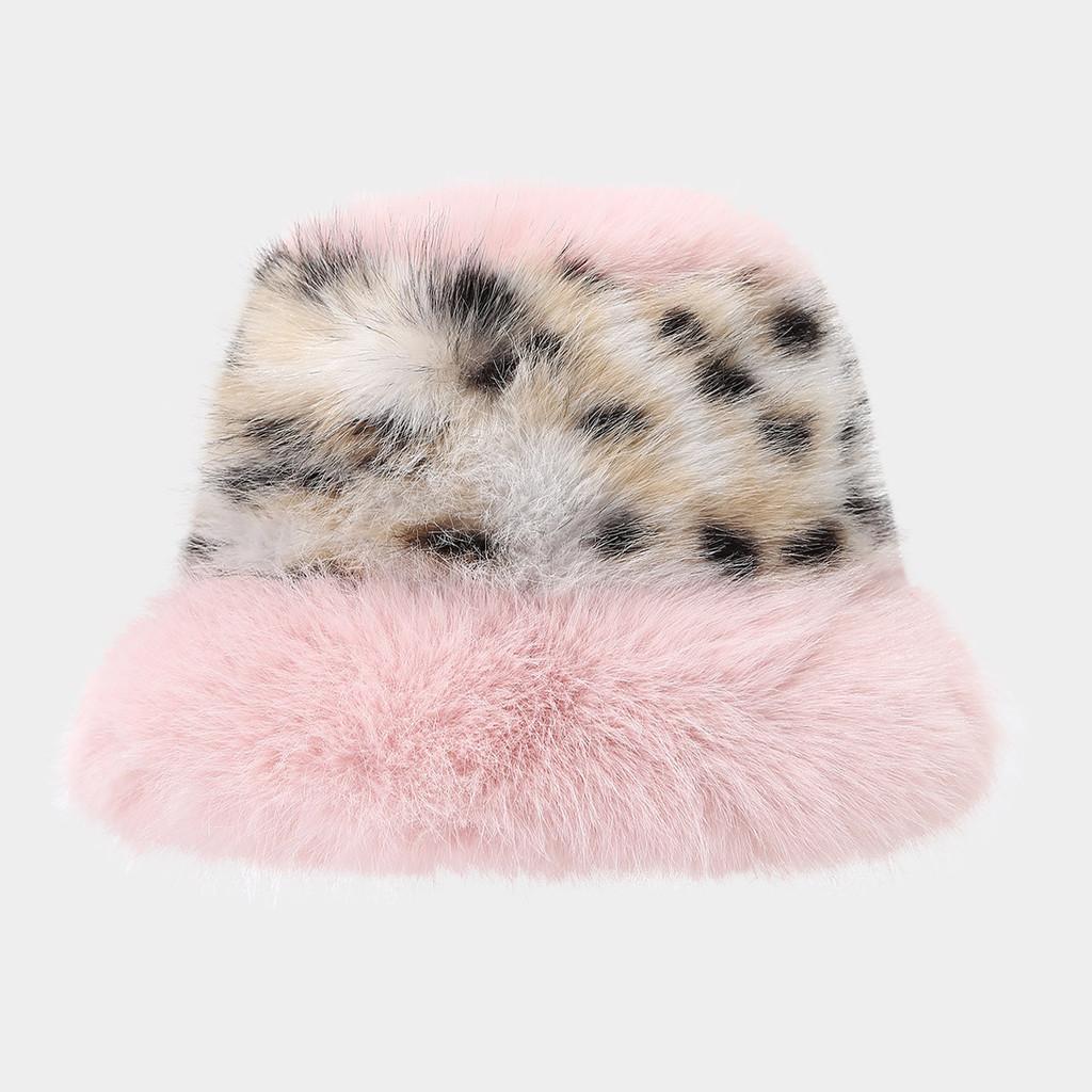 Polyester Furry Leopard Print Fisherman Hat With Wide Brim For Winter Fashion