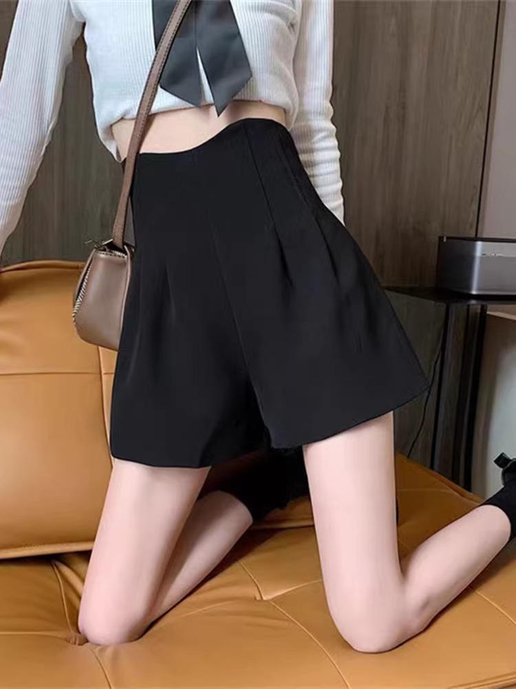 Unisex Black A-line Wide Leg Shorts - 2024 Spring/Summer High Waist Slimming, Petite, Loose Casual Fit
