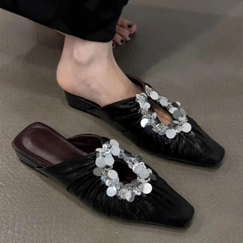 Fashion Women Slippers Flats Elegant Mules Shoes Bling Women's Sandals Summer 2025 New Slingback Slides Casual Luxury Flip Flops Mujer