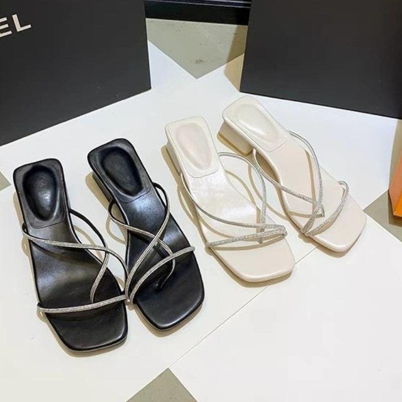 Fashion Block Heel Rhinestone Toe Slippers for Women Square Toe Thin Strap Anti-Slip Wear-Resistant Square Heel Sandals and Slippers