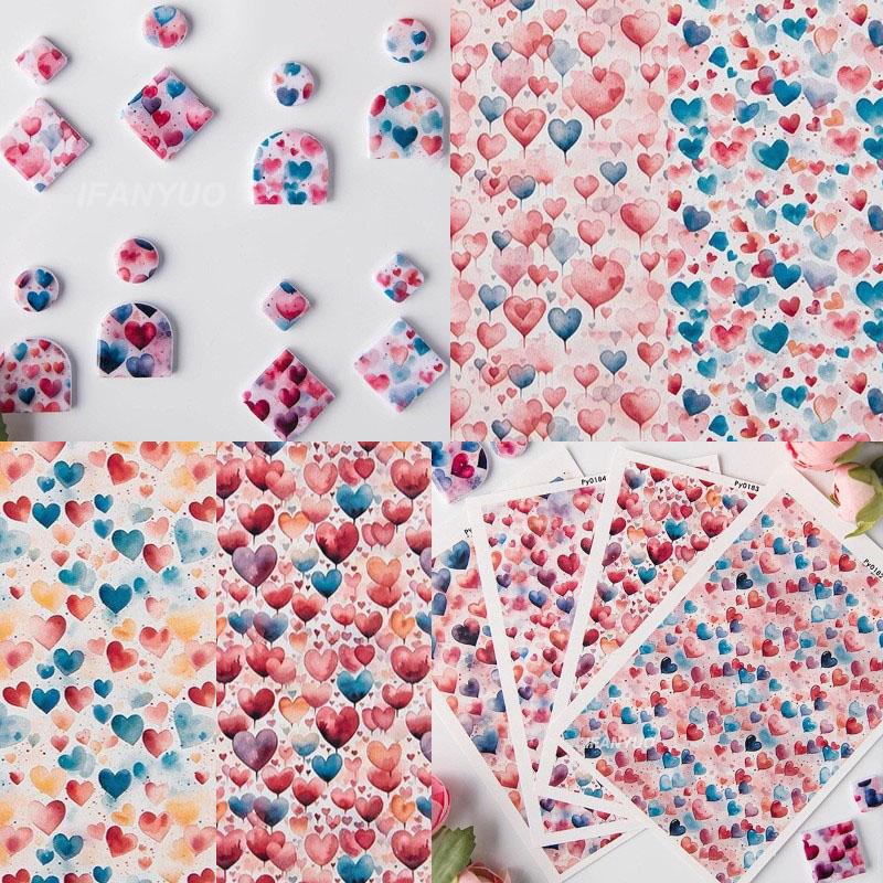 Heart Series Pattern Watercolor Transfer Paper for Polymer Clay Soft Pottery Pendant Earrings Jewelry Making Stickers Decor Tool