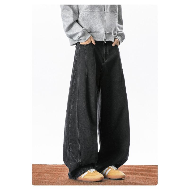 Men Black Structured Split Curved Blade American Retro Loose Straight Long Denim Jeans