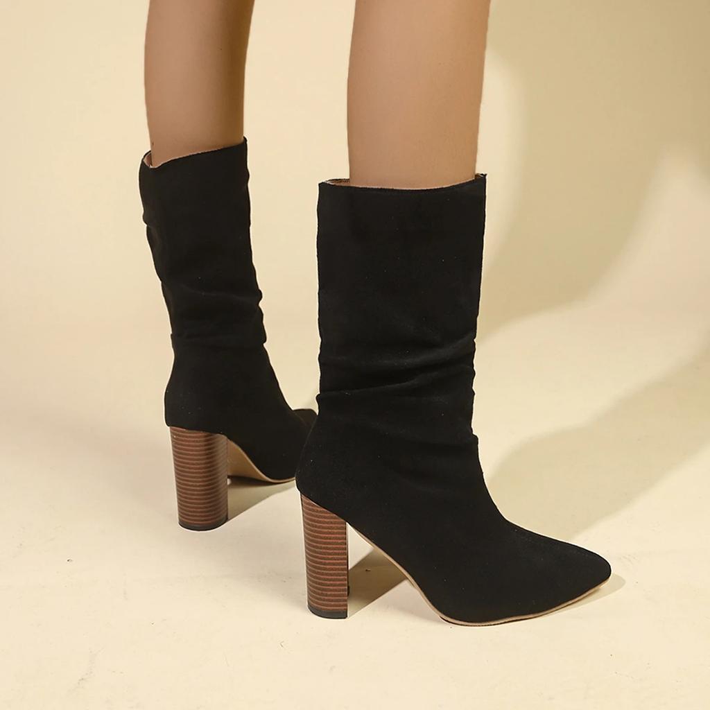 2024Autumn/Winterside Zipper Over Knee Boots High Heel Round Head Abrasive Leather Thick Heel Large Size Zipper Thigh-high Boots