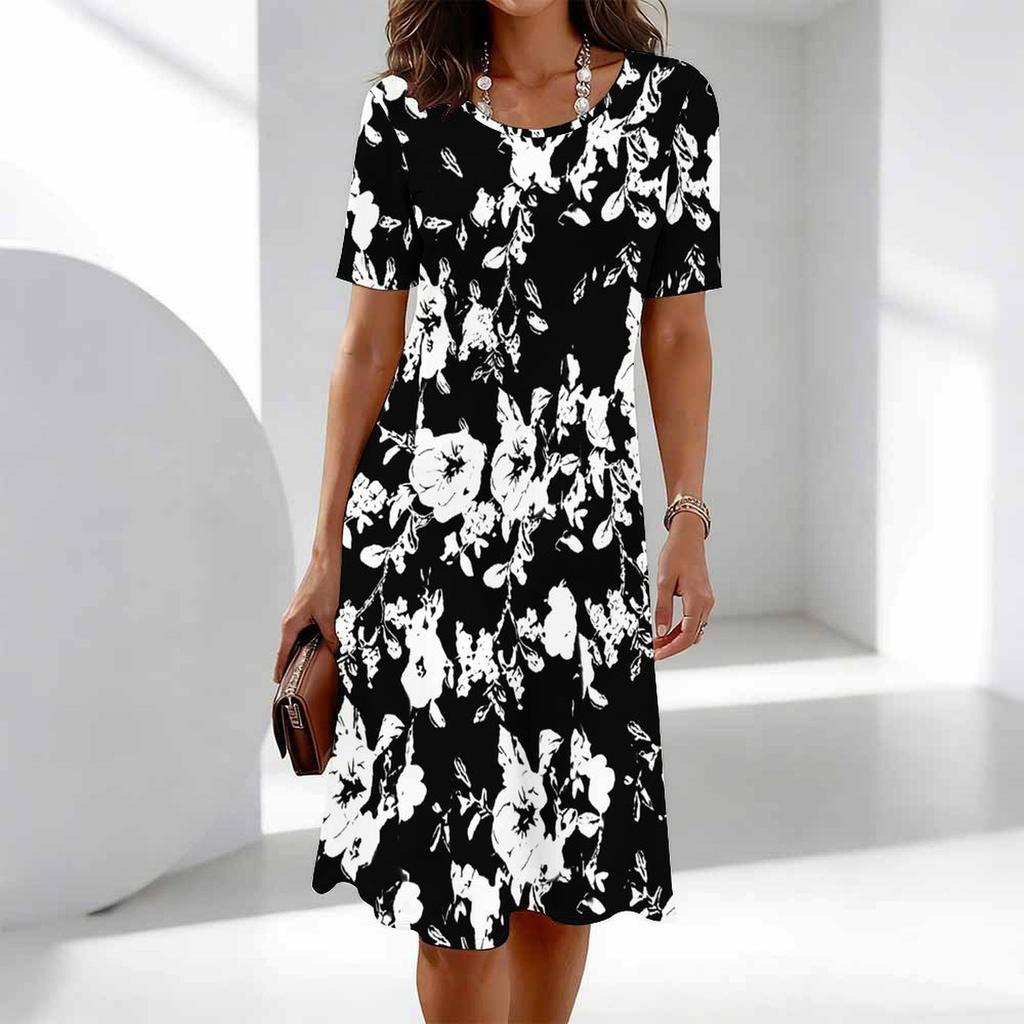 Women's Fashion Graceful Beautiful  Flowers and Lines Print Summer Spring Short Sleeve O-Neck Casual Dresses