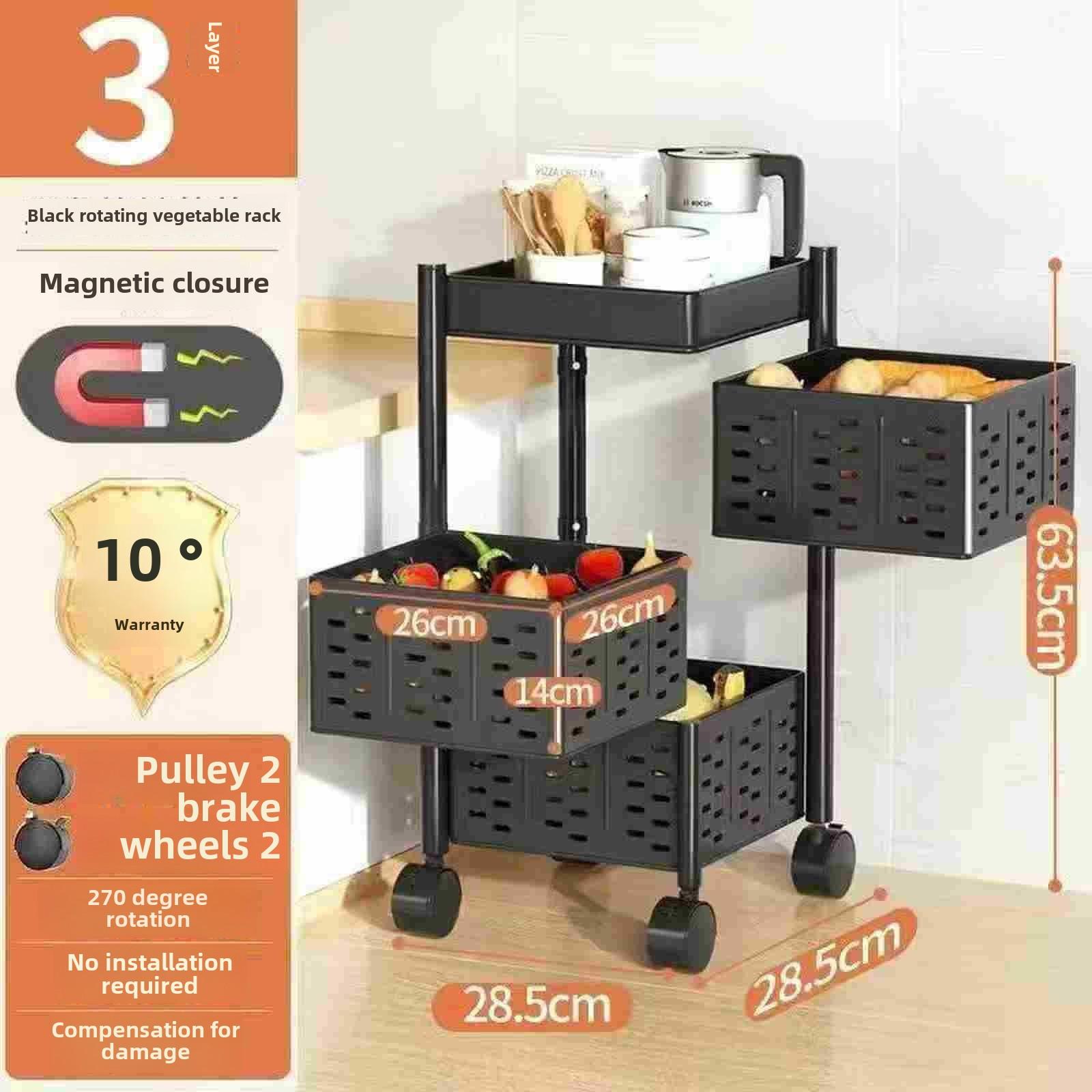 

Многоуровневая тележка для хранения на колесиках, кухонный органайзер, подставка, хозяйственная тележка с колесами для домашней кухни, гостиной Square, 3-layer чёрный