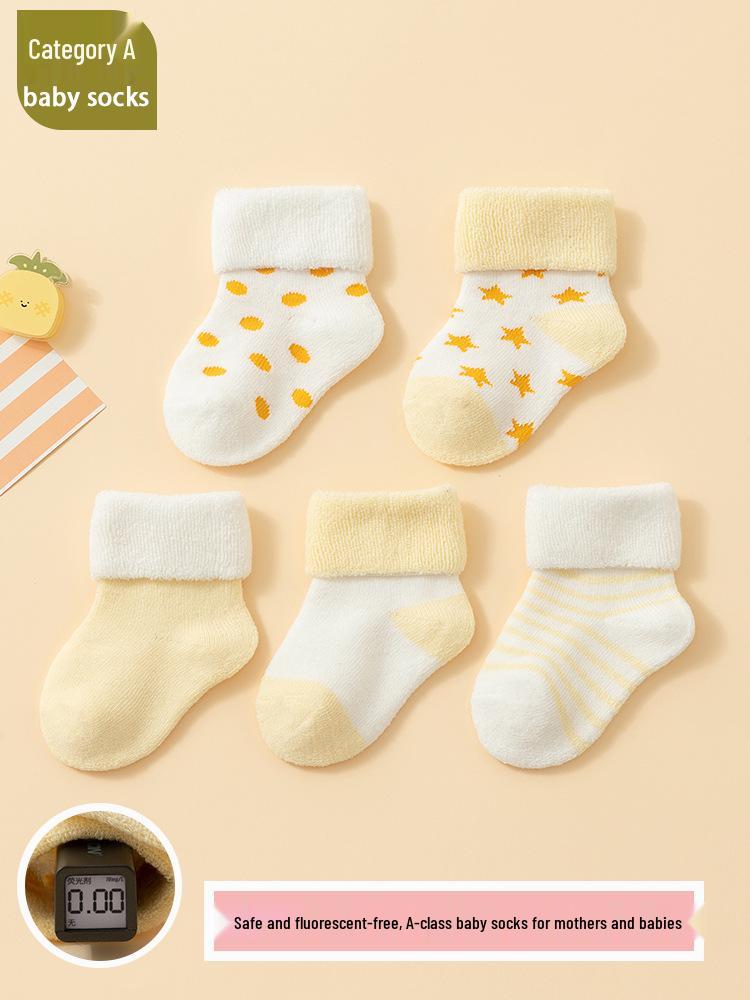 25 Newborn Baby Autumn/Winter Class A Fleece-Lined Cotton Socks - Loose Cuff, Non-Binding Foot Floor Design