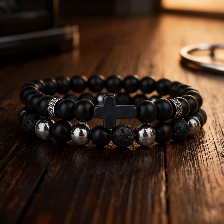 

Handmade Men Strand Bracelet 2Pcs/Set Blue Howlite Lava Hematite Stone Healing Braclet Classic Cross Wrap Braslet Wrist Jewelry оникс