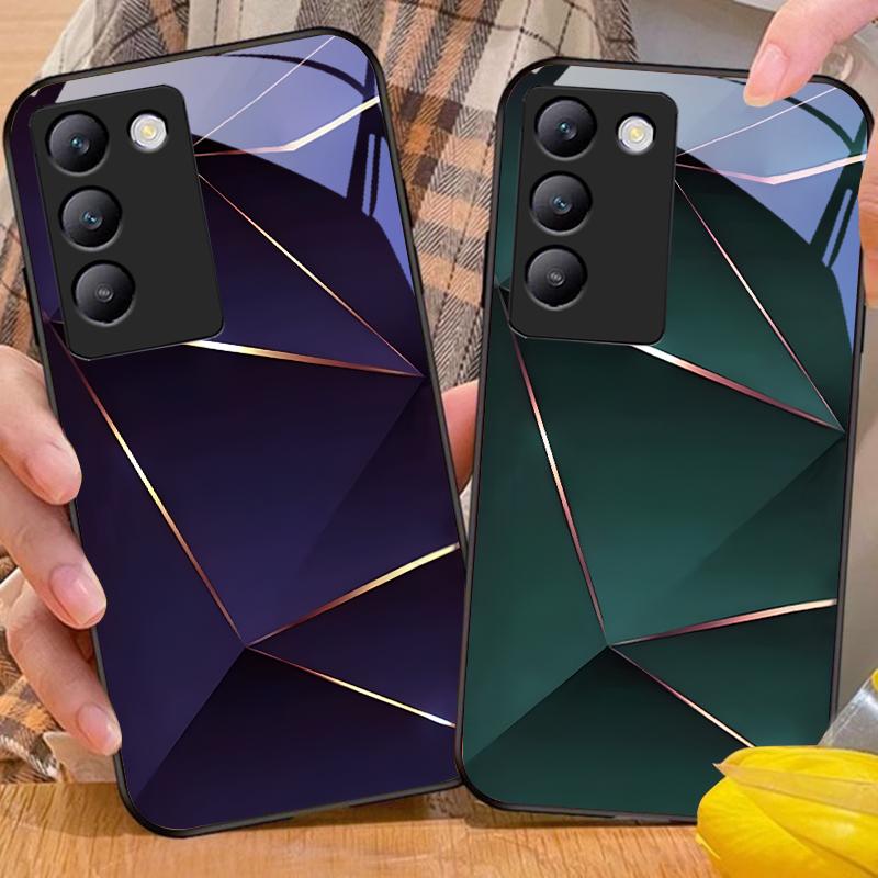 Geometrisches Prisma für Y72 33S 11 03 36 96 Lite 35 16 Iqoo 12 V40 SE 5G 29 40 21 30 X80 Pro Vivo Handyhülle aus gehärtetem Glas Schwarz