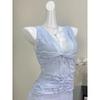 Women's Summer Summer Blue Sleeveless Unique and Beautiful Waist Pinch Dress Temperament Lace Splicing Hollow Dress