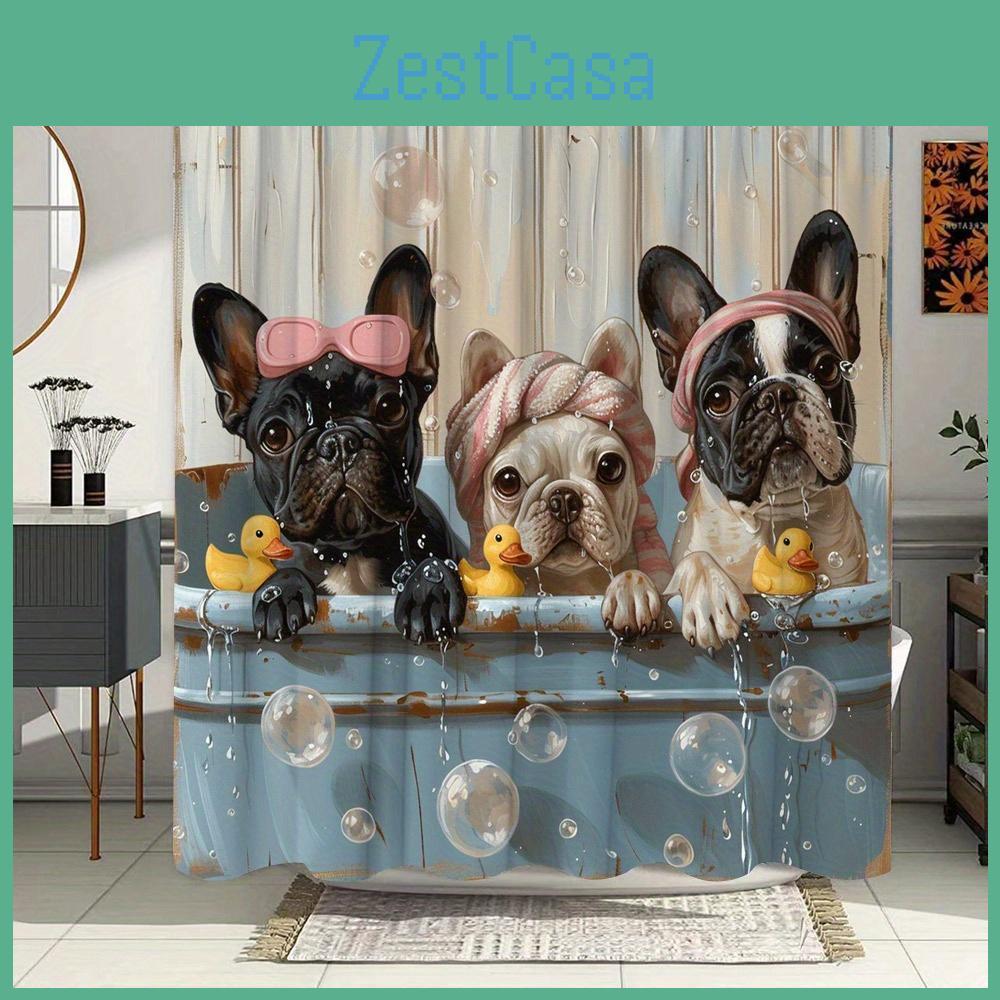 Shower Curtain Cute French Bulldog Playful Bathing Scene Fashion Glasses Towels Polyester 12 Hooks Whimsical Art