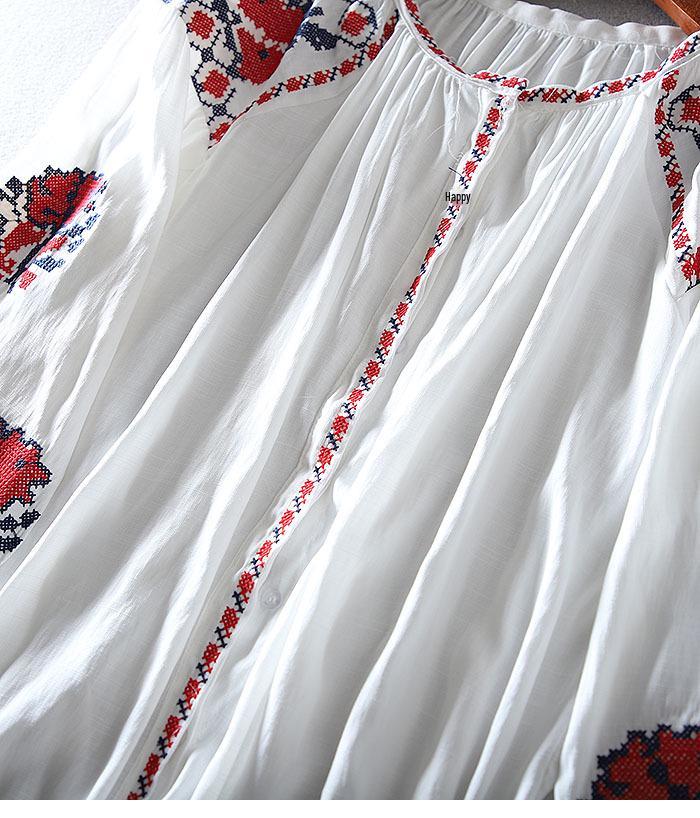 Ethnic Style Embroidered Lantern Sleeve Plus Size Cotton Linen Shirt