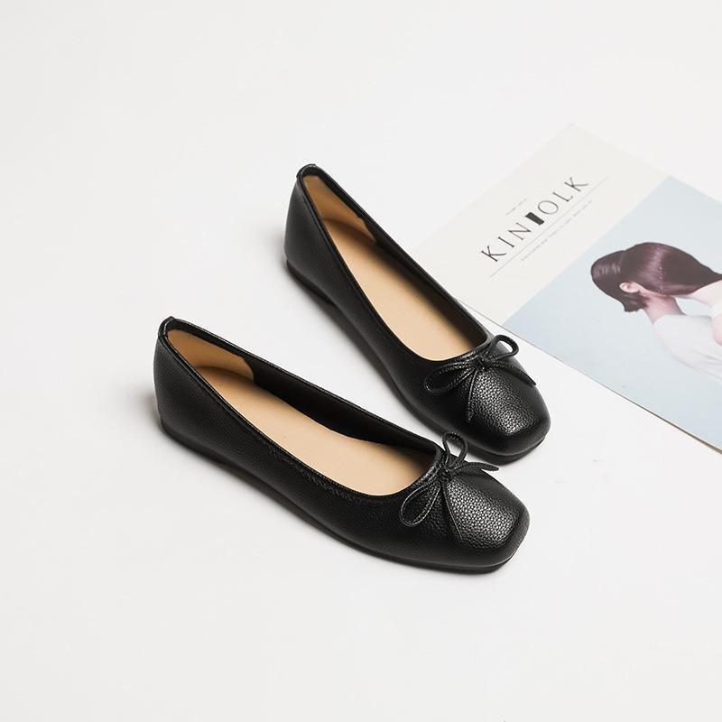 Flat single shoes women's shallow mouth square head bow simple and versatile casual and comfortable Doudou shoes women