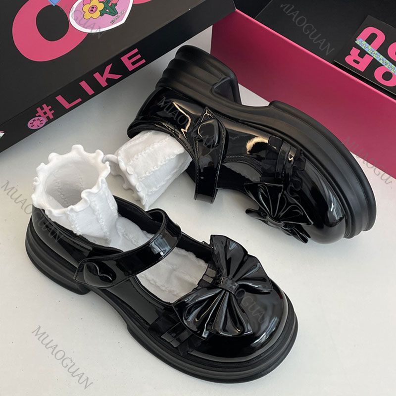 Fashion Cute Bow Round Head Leather Mary Jane Shoes Versatile Thick Bottom JK Uniform Lolita Shoes for Women Casual Thicke Heel Loafers