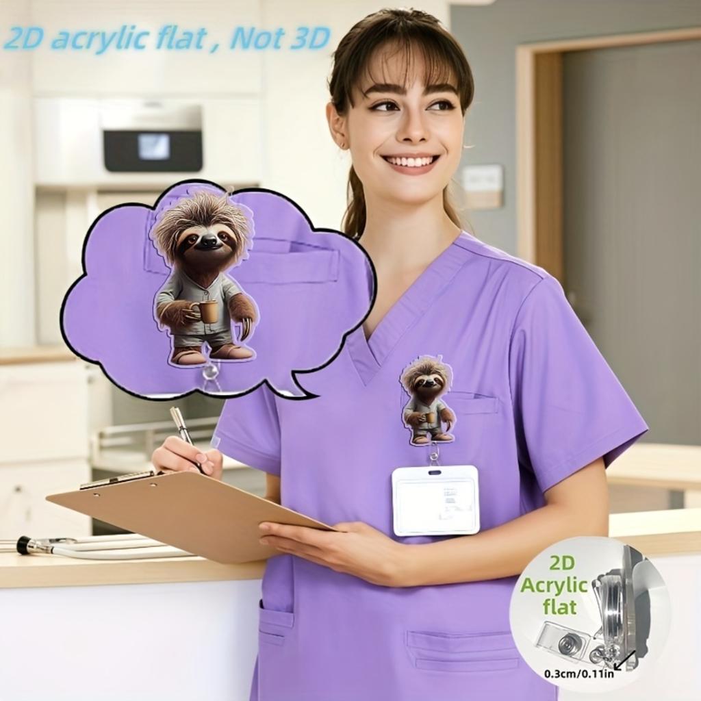 Tea Drinking Sloth 2D Acrylic Retractable ID Badge Reel, Solid PMMA Clip Holder Suitable For Registered Nurses Doctors And Medical Learners